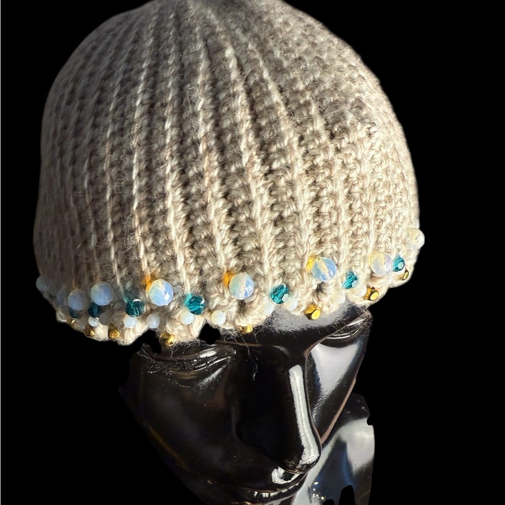 Unbranded Handcrafted Beige Beaded Women's Beanie with decorative Beads Bohochic
